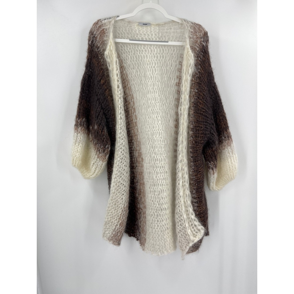 Maiami Mohair Oversized Cardigan Sweater Brown White Open Knit Colorblock Sz XS